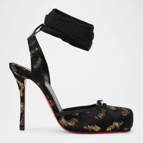 Christian Louboutin Cassia Black/Copper Velvet Silk Ankle Tie Ballerina Pumps - Picture 1 of 4